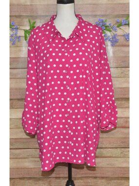 Susan Graver Women's 3X Pink Polka Dot Button Front Blouse Top Retro Rockabilly